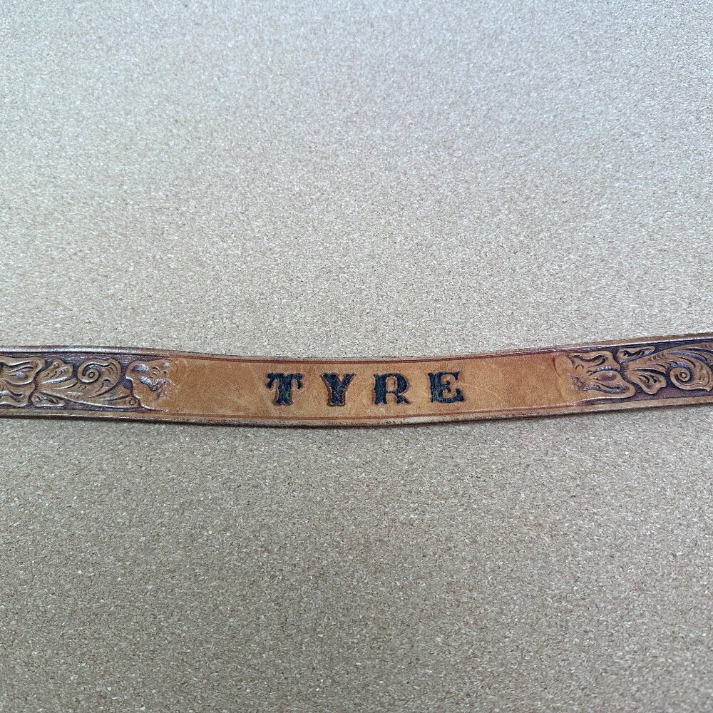Vintage Leather Tooled Floral Tyre Name Belt Size 36 Brown Western Cowboy